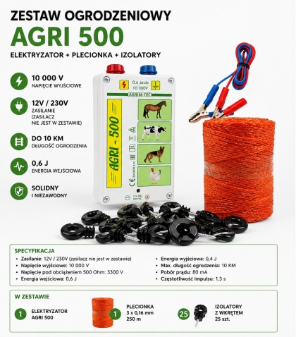 Pastuch Elektryczny AGRI 500 10 km Zestaw | Elektryzator 10000V + Plecionka 250 m + 25 Izolatorów