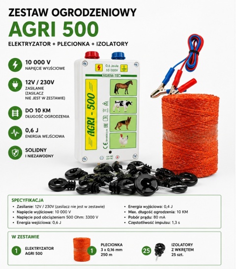 ZESTAW OGRODZENIA ELEKTRYCZNEGO AGRI 500 | ELEKTRYZATOR + PLECIONKA 250 m + 25 IZOLATORÓW