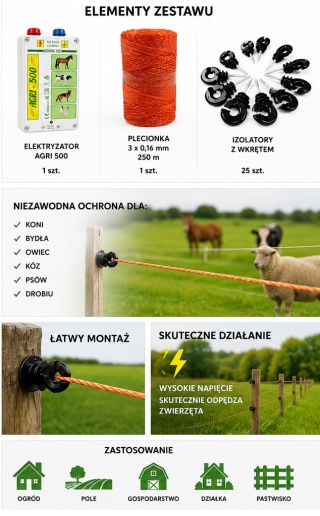 Pastuch Elektryczny AGRI 500 10 km Zestaw | Elektryzator 10000V + Plecionka 250 m + 25 Izolatorów