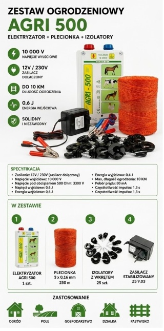 Pastuch Elektryczny AGRI 500 Zestaw 10 km 230V | Elektryzator 10000V + Zasilacz + Plecionka 250 m + 25 Izolatorów