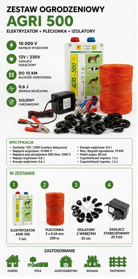 Pastuch Elektryczny AGRI 500 Zestaw 10 km 230V | Elektryzator 10000V + Zasilacz + Plecionka 250 m + 25 Izolatorów