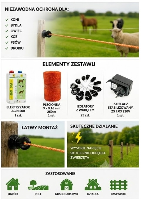 Pastuch Elektryczny AGRI 500 Zestaw 10 km 230V | Elektryzator 10000V + Zasilacz + Plecionka 250 m + 25 Izolatorów